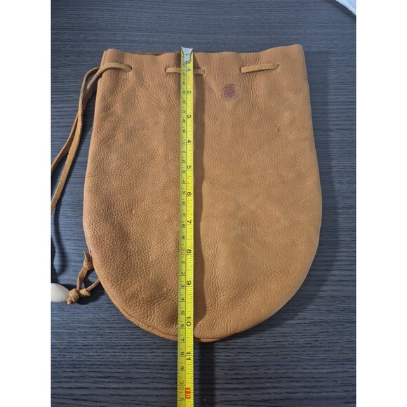 Vintage Genuine Leather Drawstring Pouch Camel Tan Color With Wooden Bead Accent - Picture 13 of 16